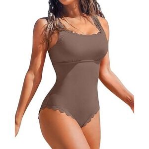 Charmo Womens One Piece Khaki Swimsuit Ribbed Scalloped Square Neck Bathing Suit